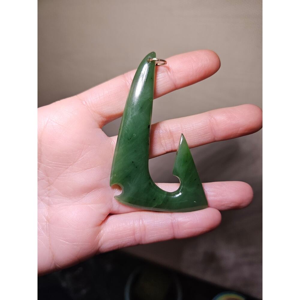 New Zealand Pounamu Hei Matau (Fish Hook) Pendant, 14K Bail, 2 7/8"
